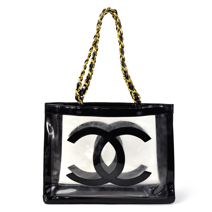 Chanel Shoulder Bag Tote Here Mark Black X Gold Clear Leather Vinyl Metal Material Lady S 93 881