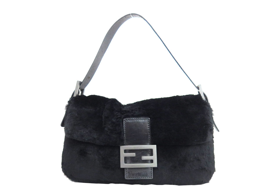 Fendi Bag Baguette Black Fur X Leather Shoulder Handbag Lady S E29996