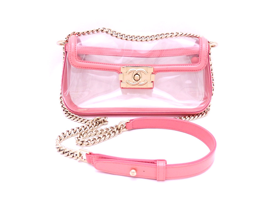 Take Chanel Bag Boy Clear X Pink Gold Metal Ings Vinyl Shoulder Slant Lady S E30754
