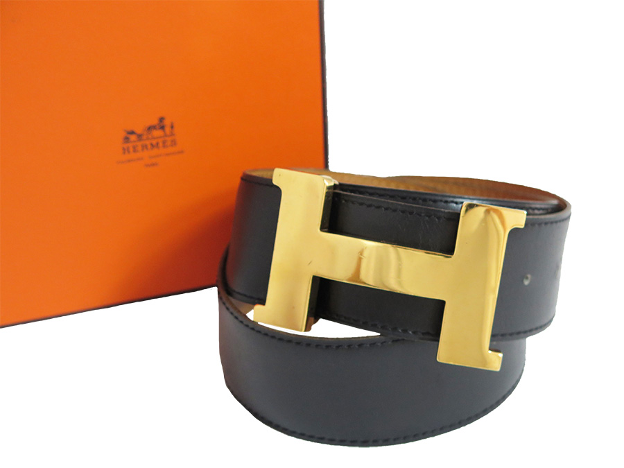BrandValue: Hermes HERMES belt H logo black x gold metal fittings leather fashion belt buckle ...