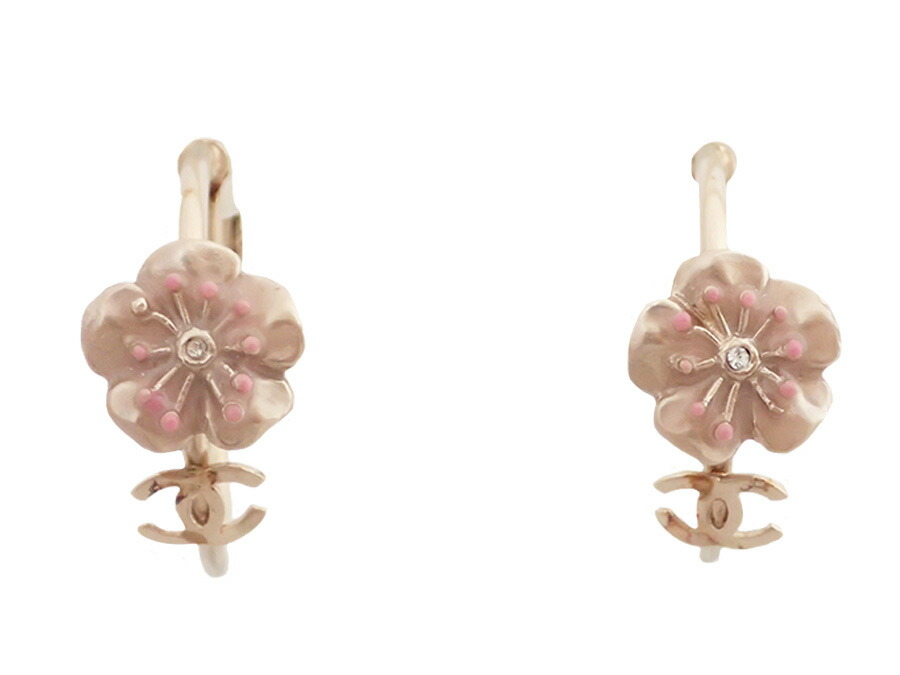 Brandvalue Chanel Here Mark Cherry Tree Motif Earrings Pink Basic Pority Used Chanel Here Mark Cherry Tree Motif Earrings Lady S Pink X Gold Metal Material Enamel