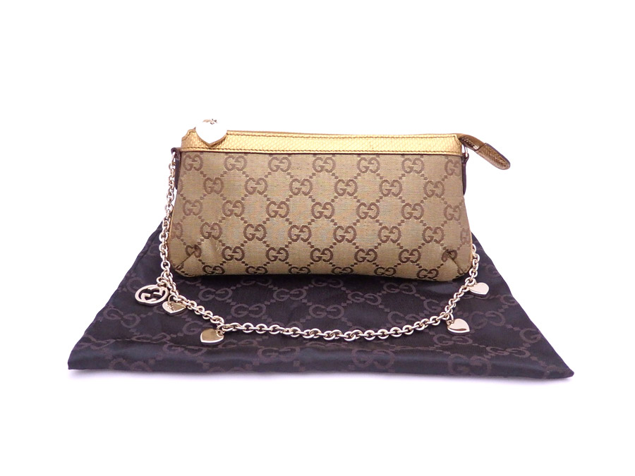 Brandvalue Gucci Handbag Gg Pattern Heart Charm Bronze X Gold It Is Gucci Gg Pattern Heart Charm Handbag Accessories Porch Shoulder Bag Lady S Bronze X Gold Metal Ings Nylon Leather Soot Used