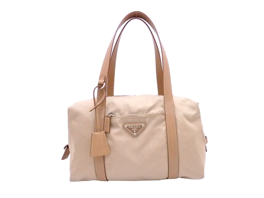Prada PRADA Bag Triangle Logo Beige X Brown X Silver Metal Fittings Nylon X  Leather X Metal Material Handbag Shoulder Bag Lady's - E34801