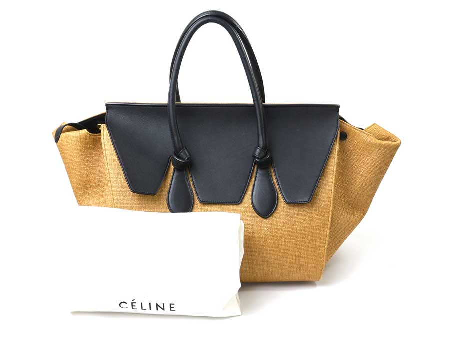Celine Handbag Knot Bag Brown X Black Straw Leather Tote E34705
