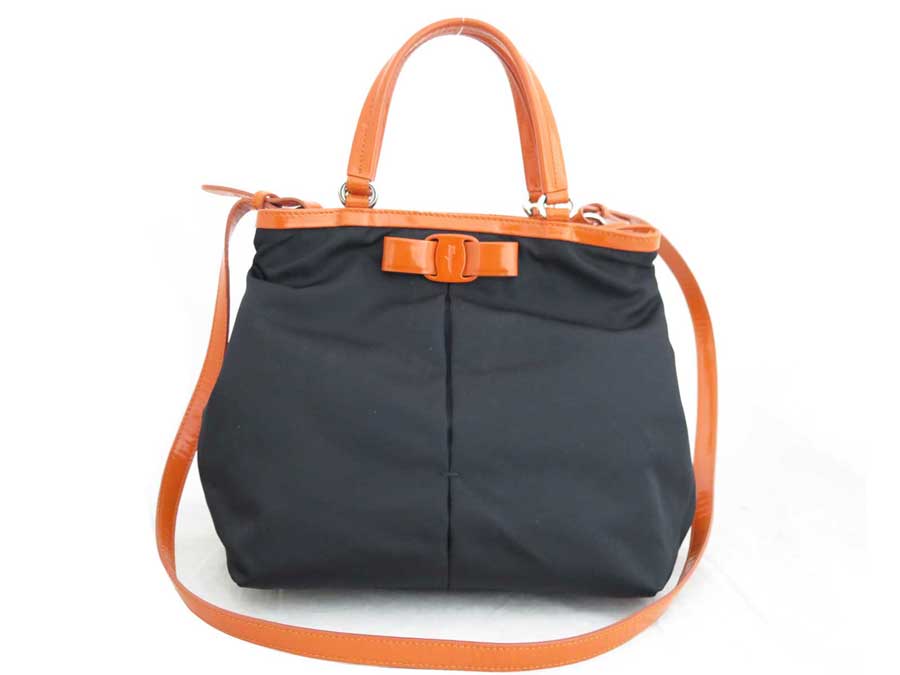Brandvalue Rakuten Global Market Salvatore Ferragamo Basic Pority Used Salvatore Ferragamo Rose 2way Bag Handbag Shoulder Lady S Black X Orange Silver Metal Ings Nylon
