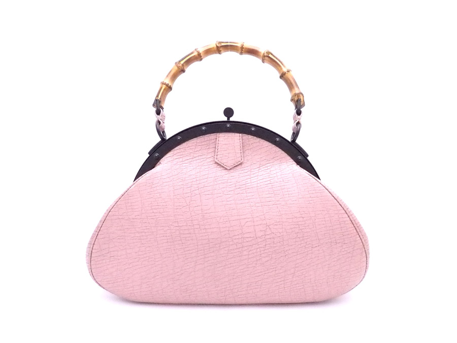 112534 Gucci Bag Bamboo Light Pink X Black Leather Handbag Pouch Lady E34895