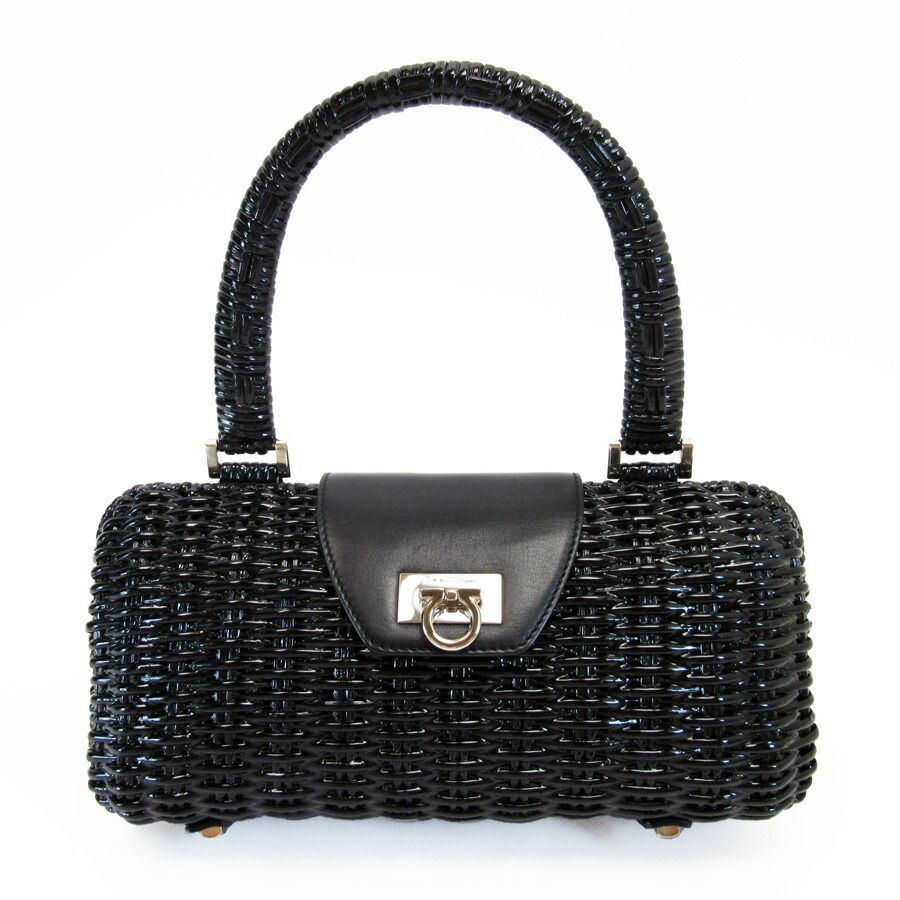 Salvatore Ferragamo Handbag Basket バッグガンチーニブラック X Gold Straw Leather Lady S H19236
