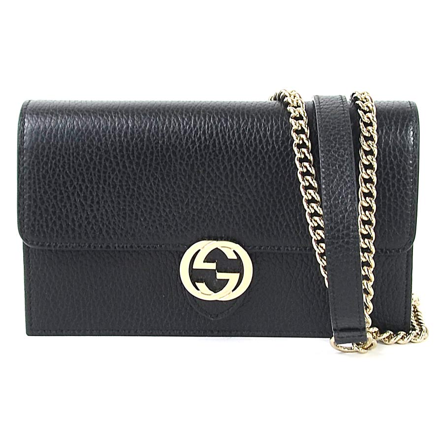 BrandValue: Gucci chain shoulder wallet black x gold metal fittings leather GUCCI Lady&#39;s 510,314 ...