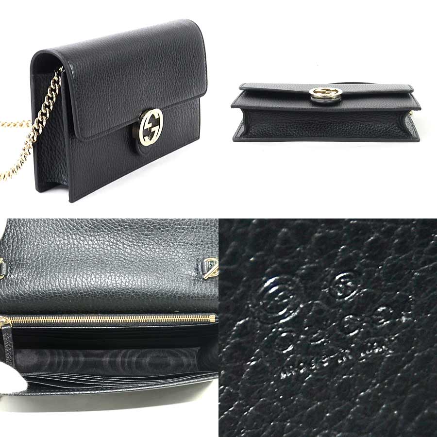 BrandValue: Gucci chain shoulder wallet black x gold metal fittings leather GUCCI Lady&#39;s 510,314 ...