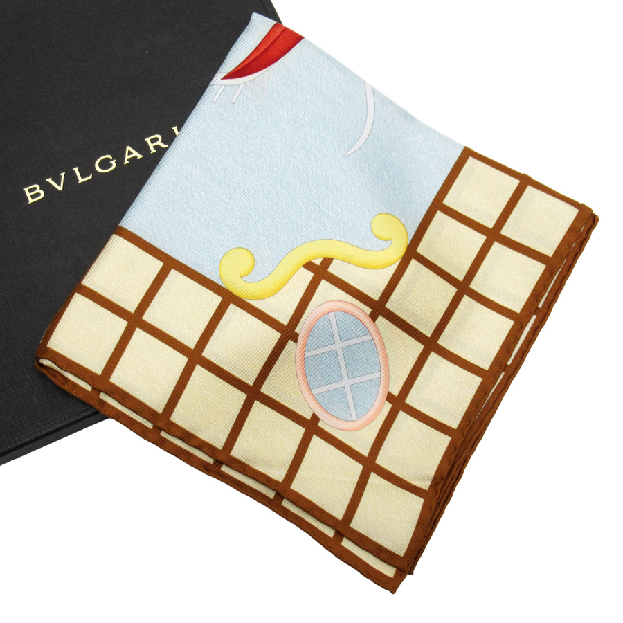 業界No.1 ブルガリ BVLGARI スカーフ ブルー系xブラウン系 100％シルク 値下げ商品 中古 定番人気 - 54100f