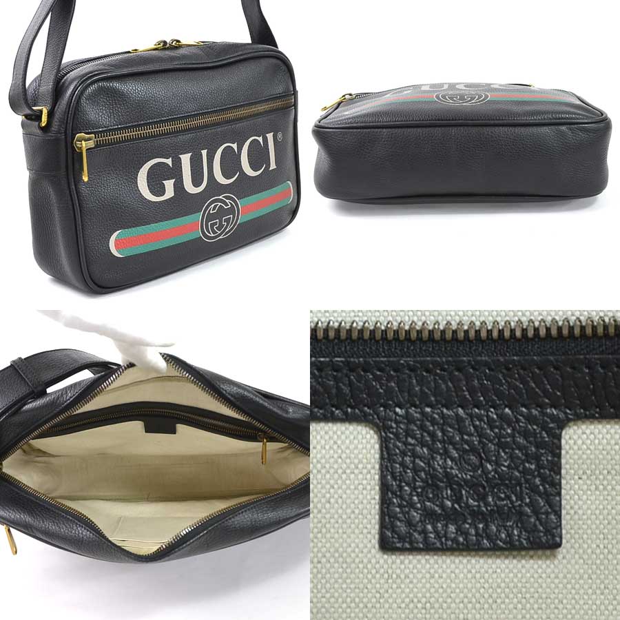 正規取扱店 メンズ レザー ブラック グッチプリントメッセンジャーバッグ ショルダーバッグ Gucci おすすめ グッチ 5235 984a 値下げ商品 中古 バッグ 984a