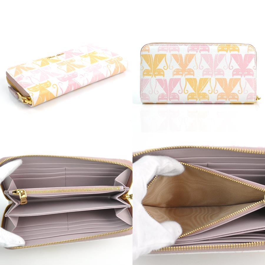 ミュウミュウ ラウンドファスナー長財布 Cat 猫 ホワイトxピンクxオレンジ系xゴールド Miumiu レザー Miumiu 中古 Cat 定番人気 H239f ブランドバリューミュウミュウ Cat 猫 ラウンドファスナー長財布 レザー ホワイトxピンクxオレンジ系xゴールド 中古