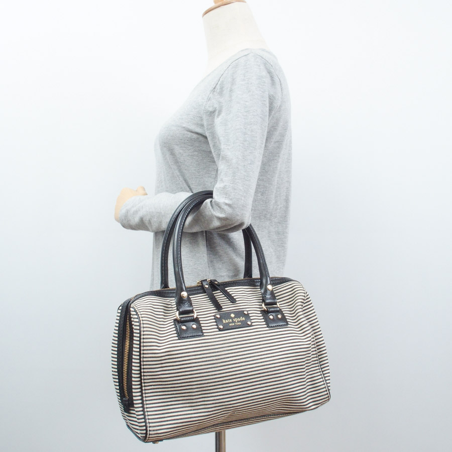 Brandvalue Kate Spade Bag Horizontal Stripes White X Kate Spade Bag Horizontal Stripes White X Black Canvas Leather Handbag Lady S Wkru1542 V37359