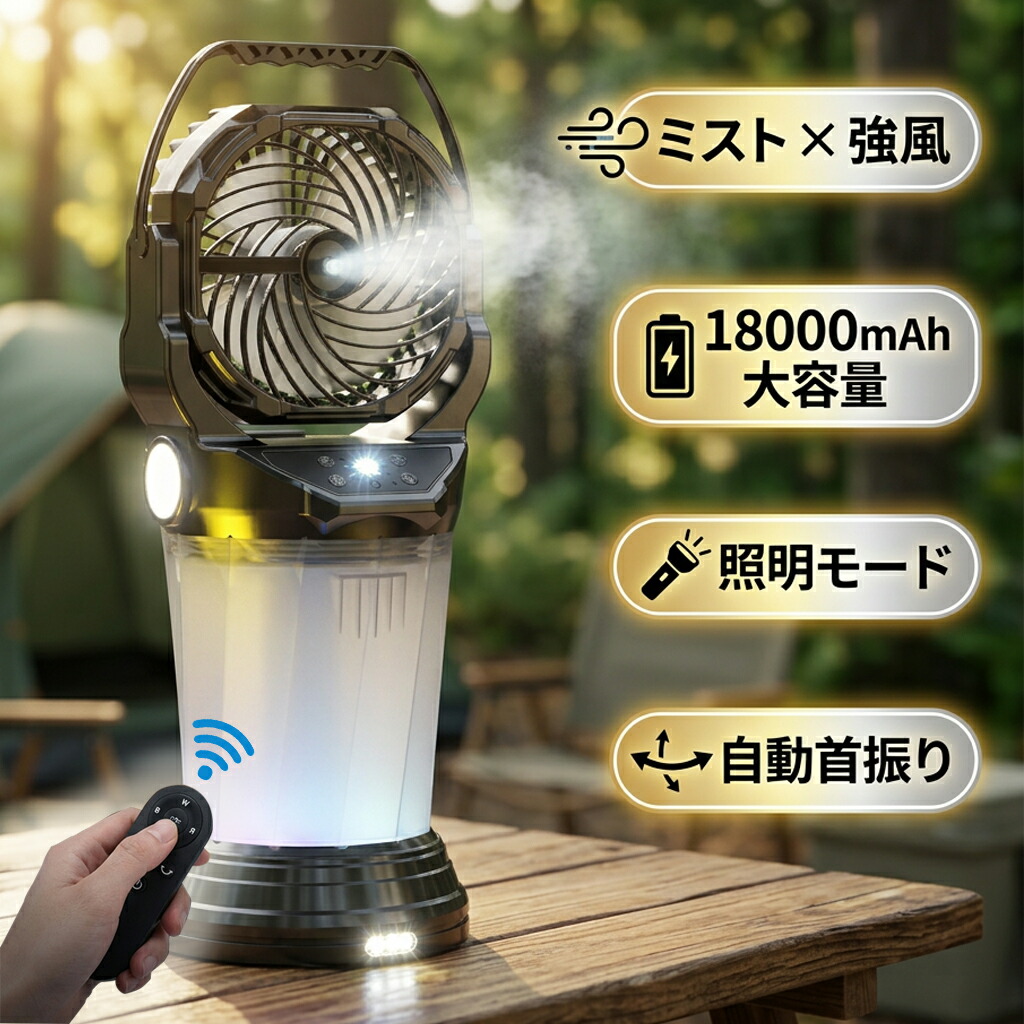 マラソン20%割引【ミスト●照明】キャンプ 扇風機 アウトドア ミスト 冷風機 自動首振り 充電式 静音 卓上 ミストファン 18000mAh 最大40H稼働 氷水対応 LEDランタン 雰囲気ライト リモコン操作 静音 大風量 ポータブルファン テント サーキュレーター 夏キャンプ 暑さ対策