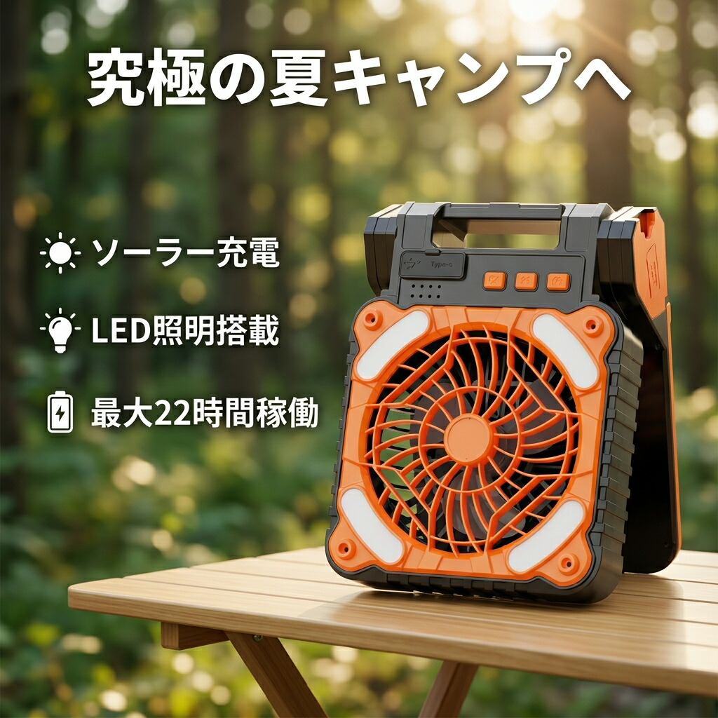 【ソーラー充電xLED照明】 アウトドア 扇風機 コードレス アウトドア キャンプ ソーラー 充電式 吊り下げ LED ランタン 5200mAh 大容量 最大22時間稼働 静音 軽量 タイマー付き 防災グッズ 車中泊 停電対策 小型 ポータブル キャンプ用品