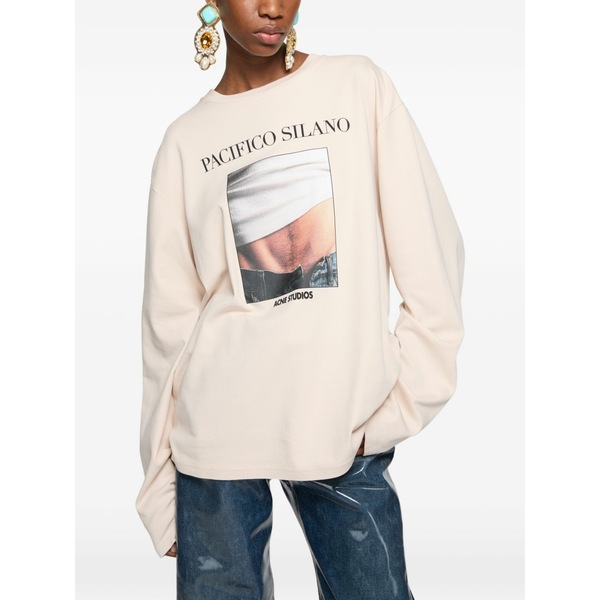 アクネ ストゥディオズ レディース Tシャツ トップス Logo-print long-sleeve t-shirt Neutrals|asty