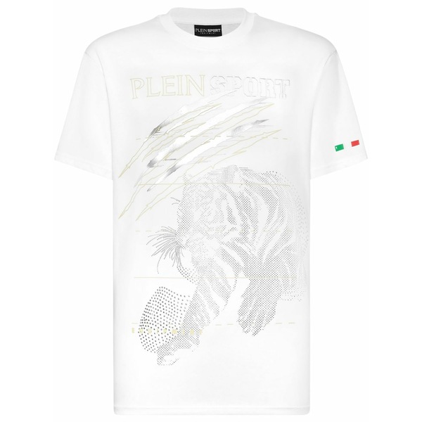飾り気の無い運動競技 メンズ プルオーバー トップス Tiger-motif t-shirt White