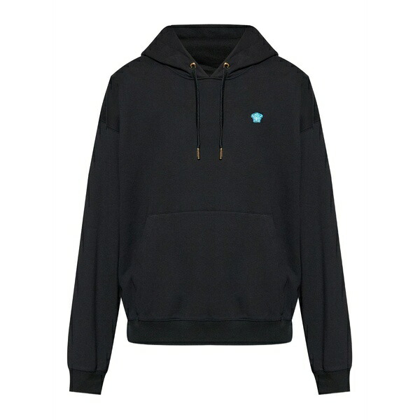 ヴェルサーチ メンズ パーカー・スウェットシャツ アウター Embroidered-logo cotton hoodie Black
