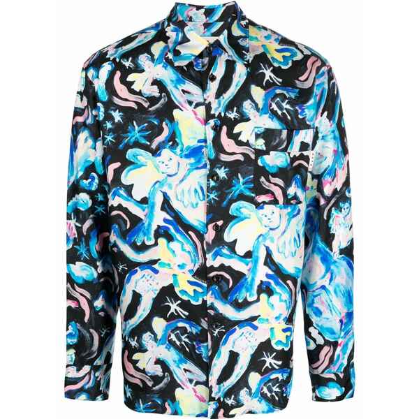 マルニ メンズ シャツ トップス Illustration-print silk shirt Black｜asty