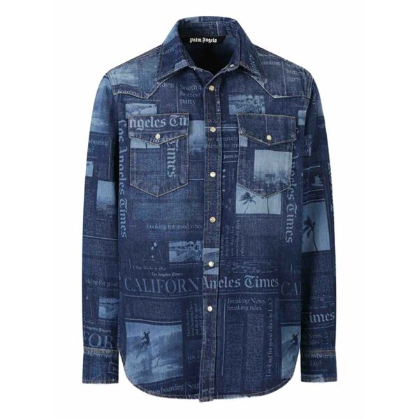 パーム・エンジェルス メンズ プルオーバー トップス Newspaper-print denim shirt Blue