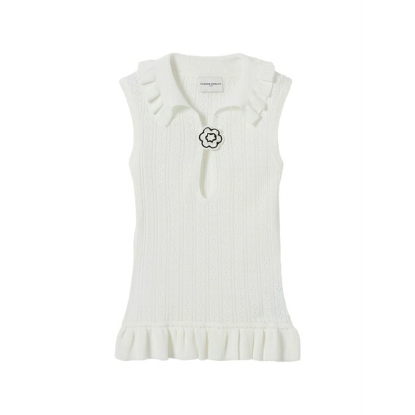 クローディピエルロ レディース スポーツシャツ トップス Ruffled pointelle-knit polo top White