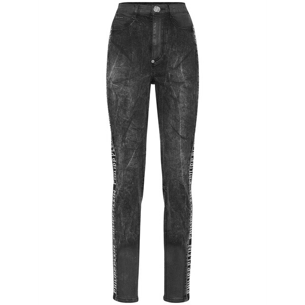 フィリッププレイン レディース デニムパンツ ボトムス Crystal-embellished skinny jeans Grey｜asty