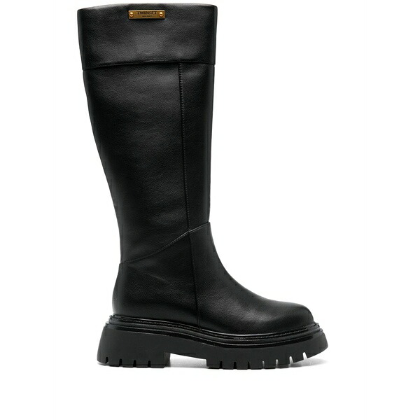 ツイン書き割り レディース ブーツ シューズ Logo plate high boots Black