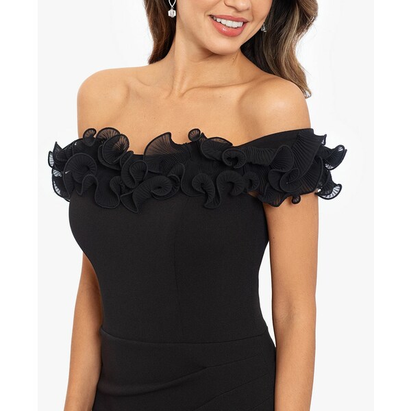 エスケープ レディース ワンピース トップス Women's Scuba-Crepe Ruffled Off-The-Shoulder Fit  Flare Gown Black スーツ・セットアップ