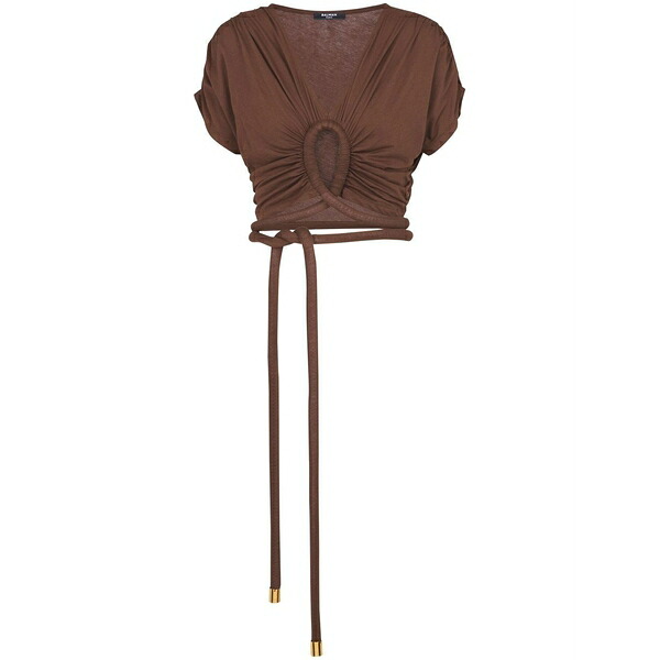 バルマン レディース Tシャツ トップス Knotted cropped top Brown｜asty