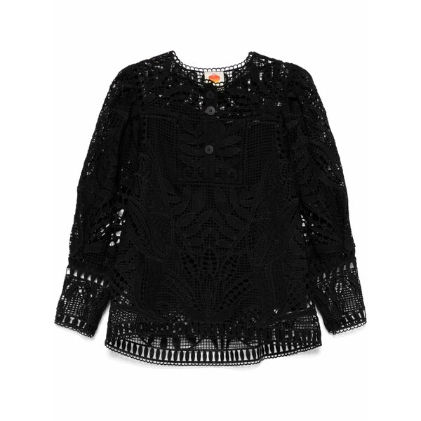 耕園 リオ レディース プルオーバー トップス Guipure-lace puff-sleeve blouse Black