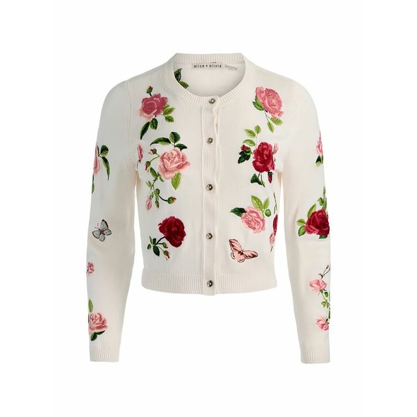 アリス アンド オリビア レディース ジレー アウター Floral-embroidered cardigan Neutrals