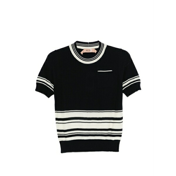 ヌメロ ヴェントゥーノ レディース 編み物\u0026プルオーバー アウター Striped pocket sweater Black