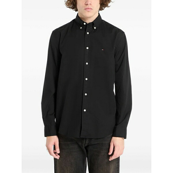 トミー ヒルフィガー メンズ ティーシャツ トップス Logo-embroidered button-down shirt Black