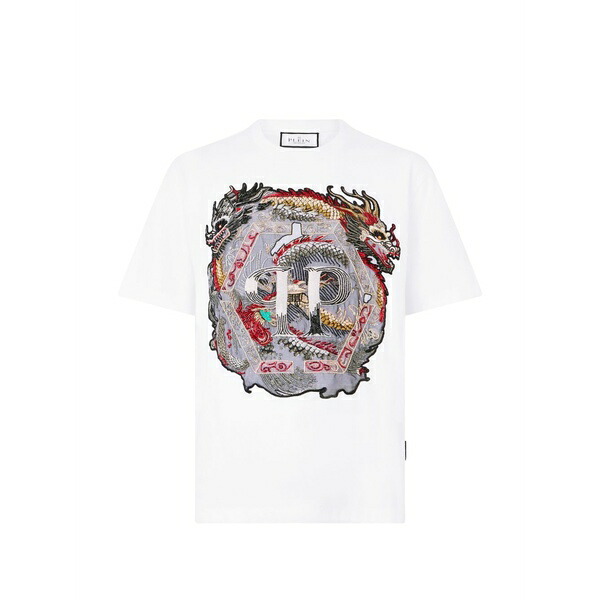フィリップ飾り気のない メンズ ティーシャツ トップス Round-neck dragon-motif t-shirt White