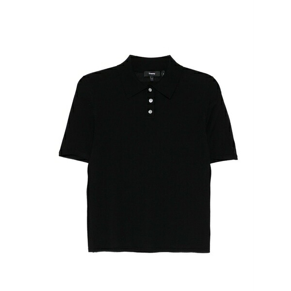 セオリー レディース ポロシャツ トップス Piped short-sleeve polo shirt Black｜asty