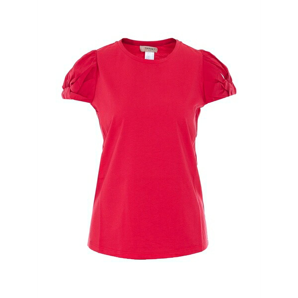 ツイン書き割り レディース ティーシャツ トップス Puffed-sleeve embroidered-logo t-shirt Red