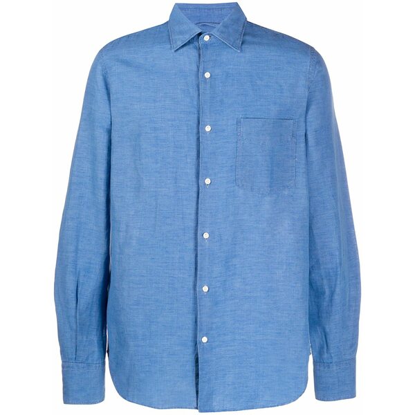 アスペジ メンズ ティーシャツ トップス Plain button-up long sleeve shirt Blue