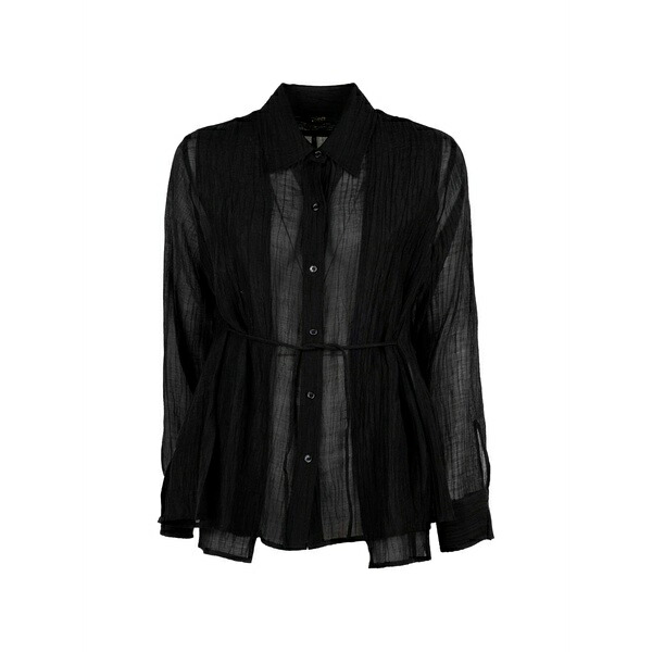 セブンティ レディース プルオーバー トップス Crinkled-finish belted shirt Black