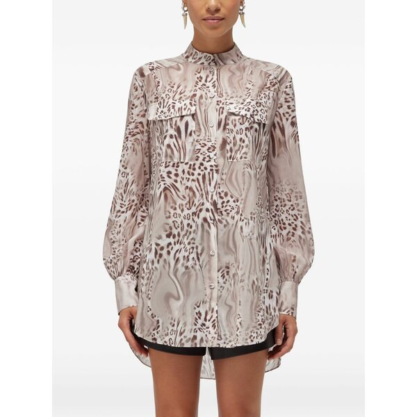 青みうしろ帯 レディース プルオーバー トップス Leopard-print button-down shirt Neutrals