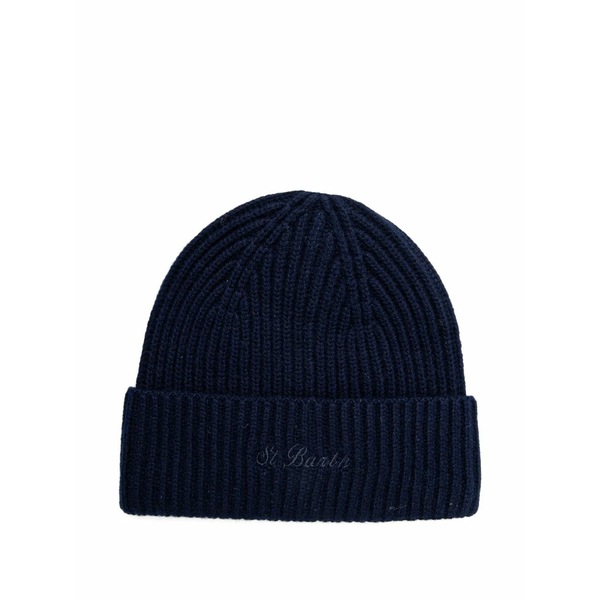 エムシーツーセイントバース レディース かぶり笠 添え物 Ribbed-knit embroidered-logo beanie hat Blue