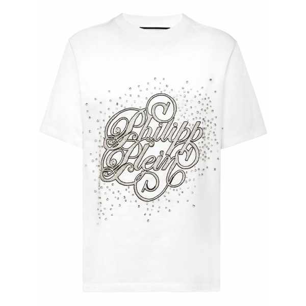 フィリッププレイン レディース Tシャツ トップス Crystal-embellished t-shirt White｜asty