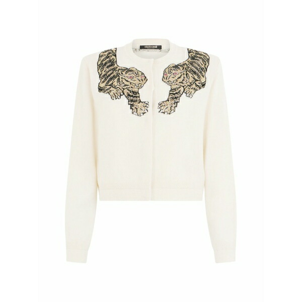 ロベルトカヴァリ レディース ジレー アウター Tiger-embellished cardigan Neutrals