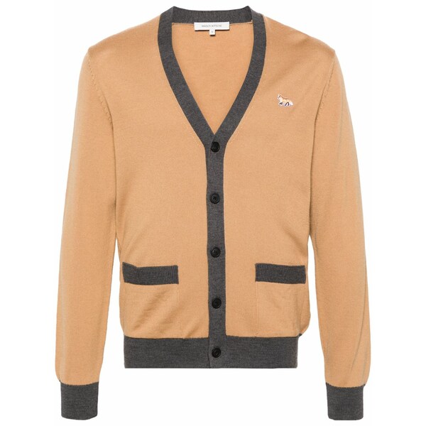 メゾン キツネ メンズ カーディガン アウター Baby fox-patch wool cardigan Neutrals|asty