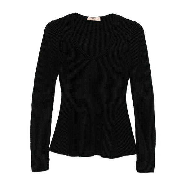 ツイン書き割り レディース 編み物\u0026プルオーバー アウター V-neck ribbed knitted top Black