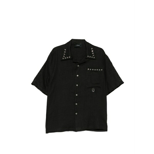 ジョン バージニアの州都 メンズ プルオーバー トップス Eyelet-embellished short-sleeve shirt Black