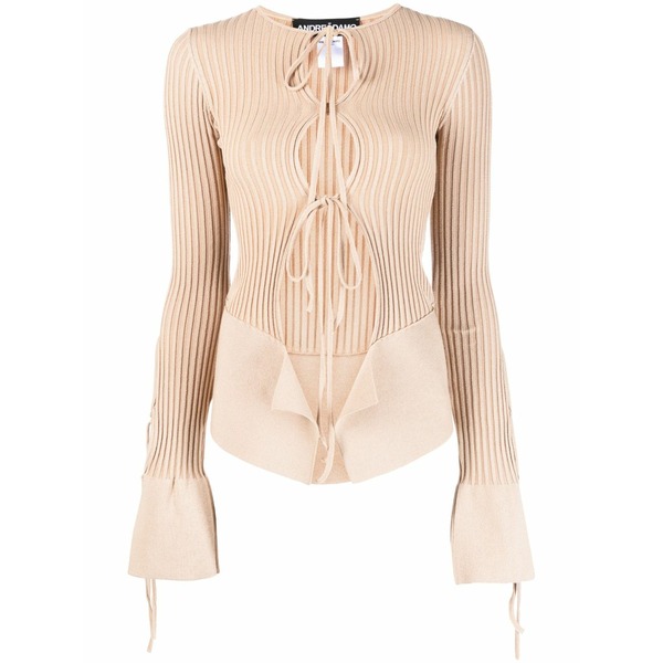 アンドレダモ レディース ティーシャツ トップス Tie-fastening long-sleeve knitted top Neutrals