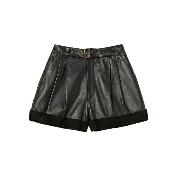 ツイン書き割り レディース 心地好いズボン下 ボトムス Pleated belted leather shorts Black