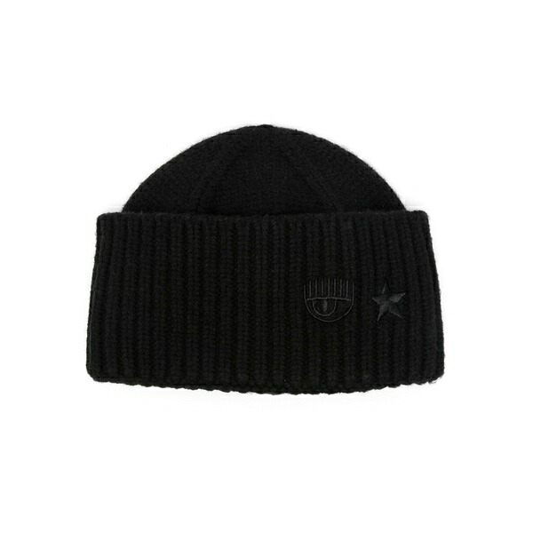 シアラフェラーニ レディース かぶり笠 佩び物 Eye star-embroidered ribbed beanie Black