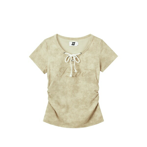 イズエ レディース プルオーバー トップス Lace-up acid-wash t-shirt Neutrals
