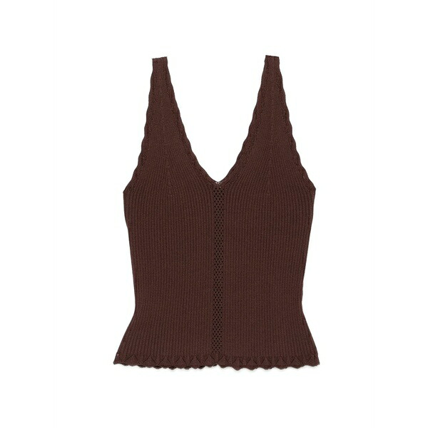 ツイン書き割り レディース カットソー トップス Ribbed scalloped-edge top Brown